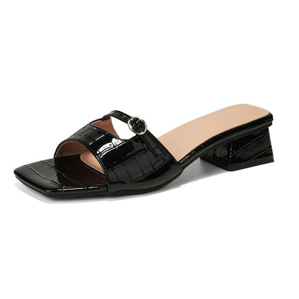 Cross-border 2026 New Square-Toe One-Strap Sandals Women, Chunky Heel, Fashionable And Comfortable Patent Leather_vogvips.com
