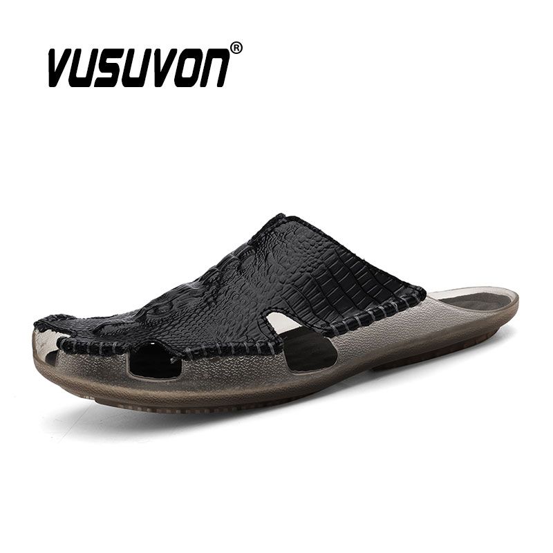 Men Slides Genuine Leather Slippers Loafers Casual Flats Keep Toe Beach Sandals Home Mules Black Shoes Soft_vogvips.com
