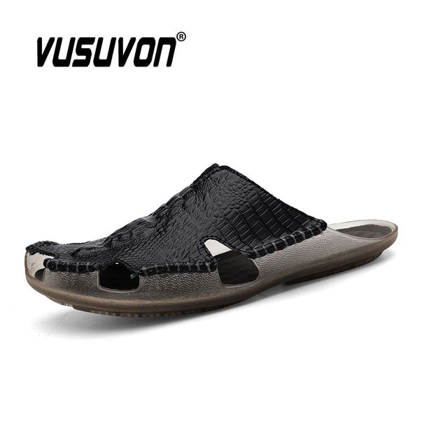 Men Slides Genuine Leather Slippers Loafers Casual Flats Keep Toe Beach Sandals Home Mules Black Shoes Soft_vogvips.com
