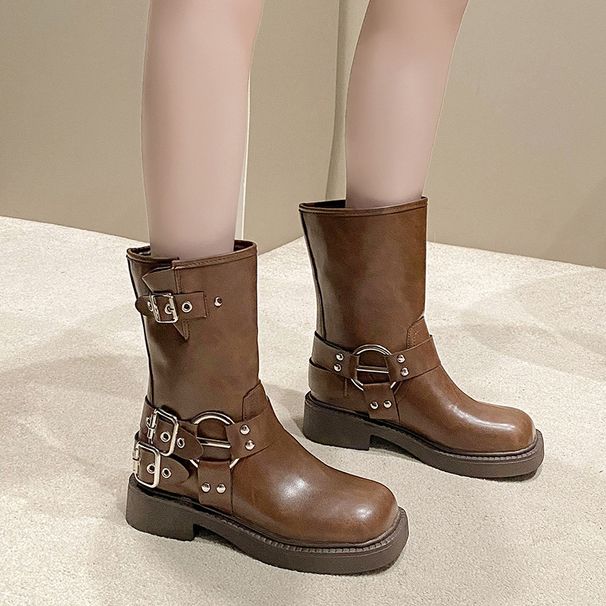 Brown Thick-Soled Chunky Heel Short Martin For Women 2025 New British Style Belt Buckle Western Cowboy Ankle Boots_vogvips.com