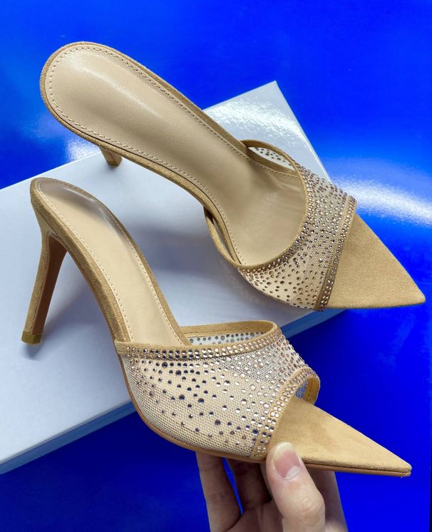 Women's Rhinestone High Heel Slides - Pointed Toe Open Toe Dressy Sandals_vogvips.com