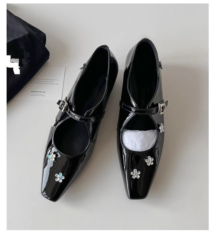 Sheepskin Version Square Toe Heightened Silver Mary Jane Shoes For Women Rhinestone Flower One Strap Shallow Mouth Shoes_vogvips.com
