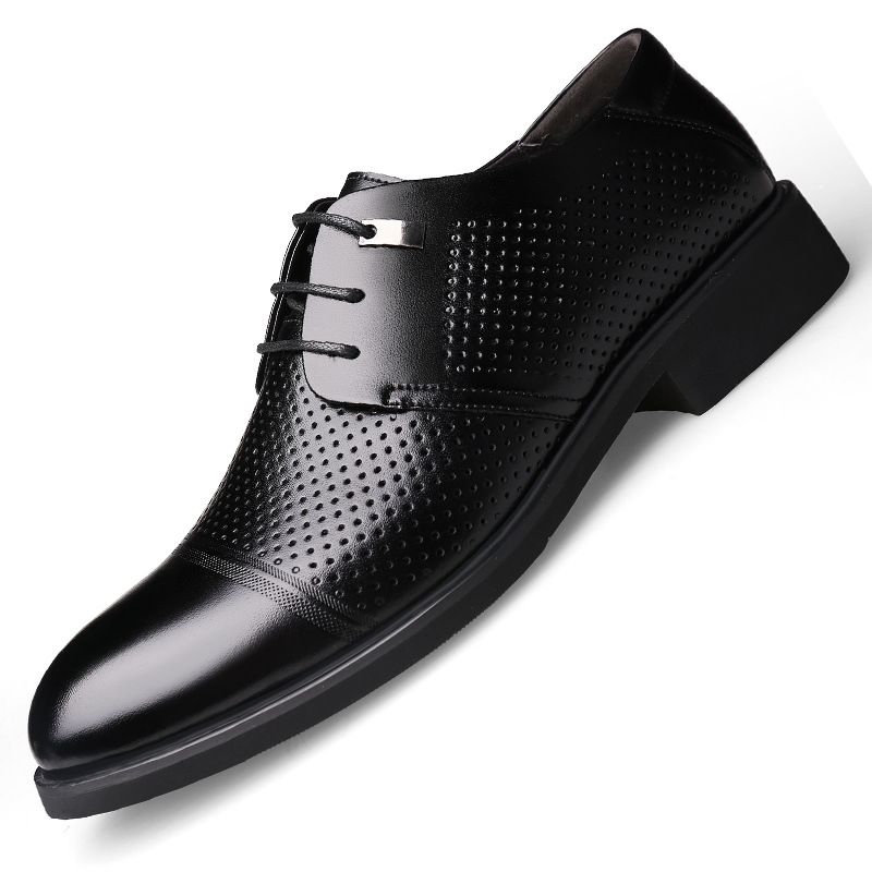 Men's Leather Perforated Breathable Summer Dress Shoes With Hidden Heel Black_vogvips.com