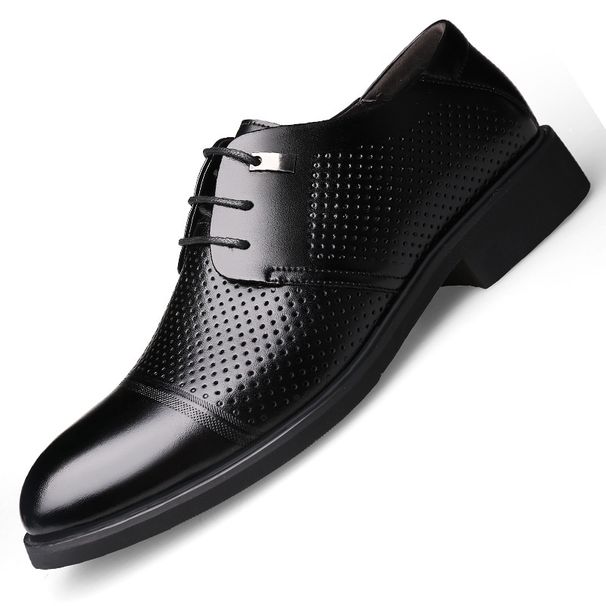 Men's Leather Perforated Breathable Summer Dress Shoes With Hidden Heel Black_vogvips.com