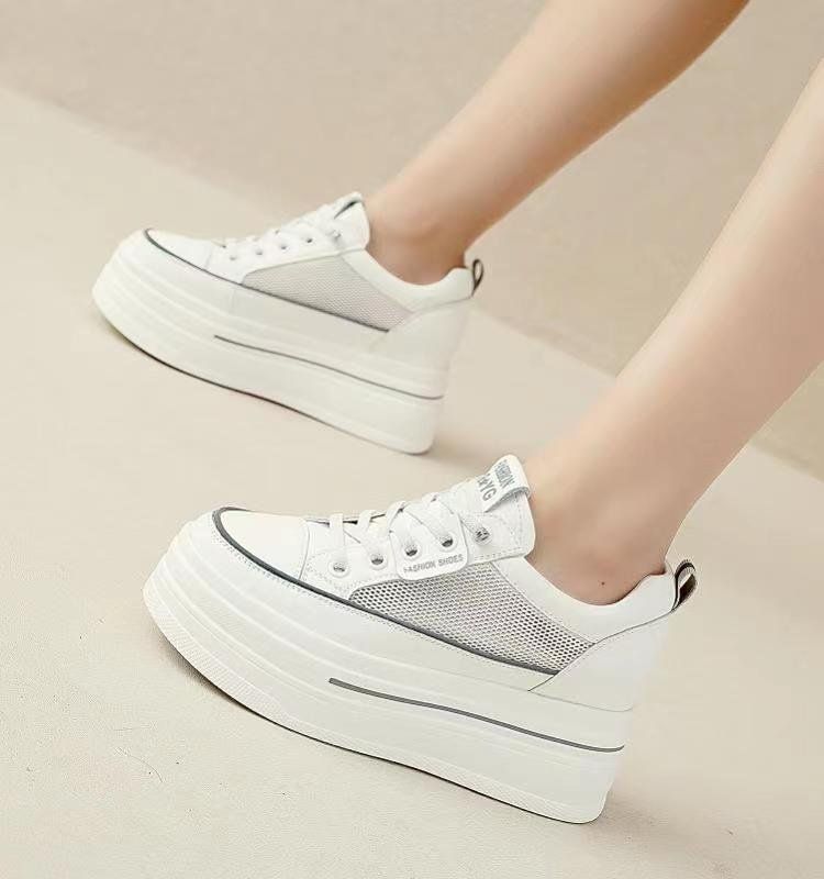 Hollow Mesh White Shoes Women's Breathable Mesh Shoes Thick Sole Inner Height Increase Women's Shoes Lazy Shoes_vogvips.com