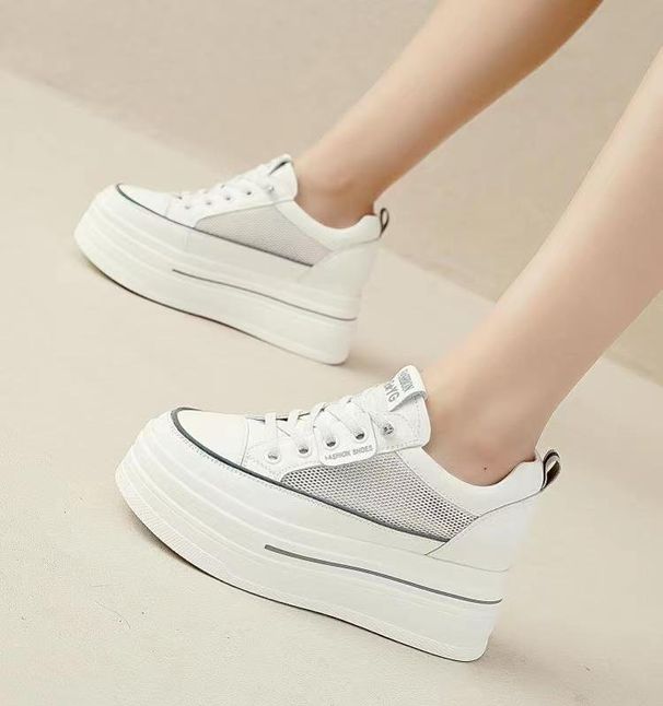 Hollow Mesh White Shoes Women's Breathable Mesh Shoes Thick Sole Inner Height Increase Women's Shoes Lazy Shoes_vogvips.com