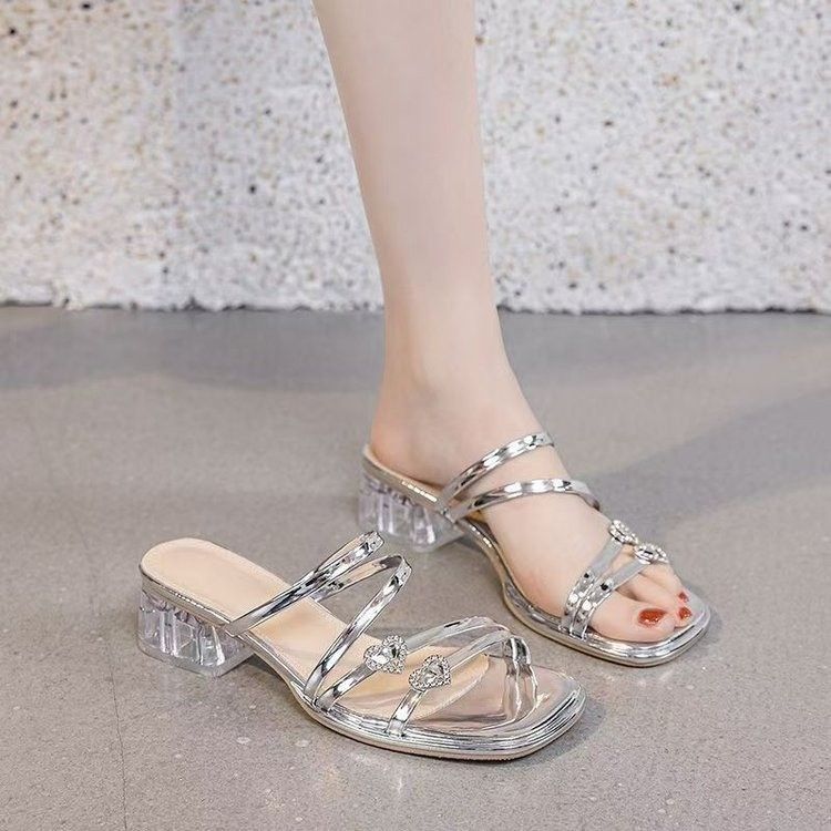 Women's High-Heeled 2025 Summer New Fairy Style Rhinestone Buckle Square Toe Slimming Chunky Heel Strap Fashion Sandals_vogvips.com