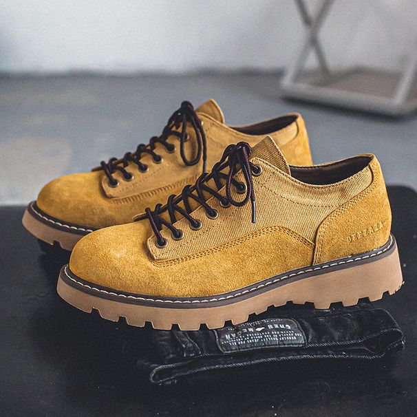 Men's Retro Work Boots With Anti-Slip Sole, Chunky Round-Toe Ankle Boots For Casual Wear, Suede & Canvas Upper, Cushioned Comfort & Height Increase_vogvips.com