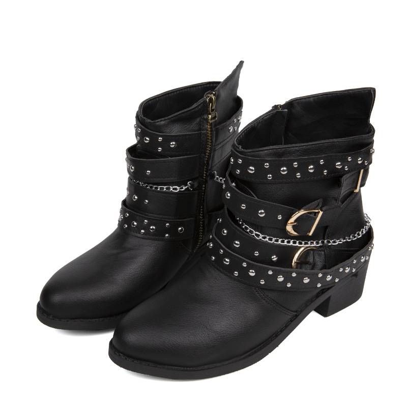 Women’s Shoes Large Size Rivet Boots Chunky Heel Mid-Heel Chain Ankle Boots_vogvips.com