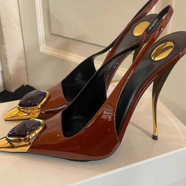 Women S Elegant Retro Pointed Toe Shallow Mouth Gemstone High Heels New Metal Single Strap Patent Leather Sandals_vogvips.com