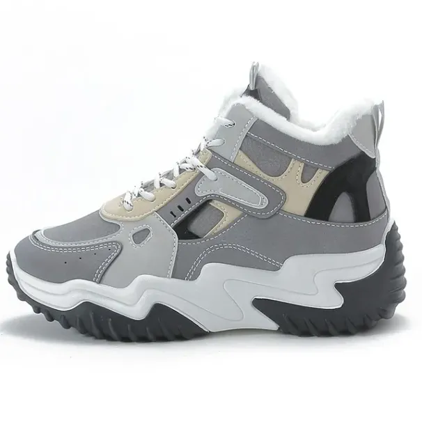 Women Thick Soled Round Toe High Top Dad With Added Plush Warm Breathable Mesh Comfortable Elevated Sports Shoes_vogvips.com
