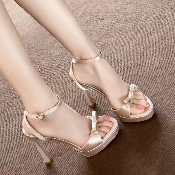 Soft Leather Version! Elegant Bow-tie Strap High-heeled Shoes For Women, Gentle Satin Finish, Thin Heel, Round Toe,_vogvips.com