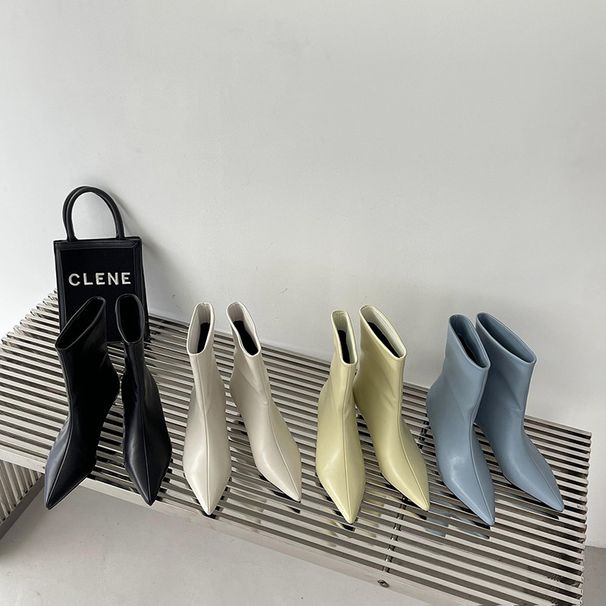 【Fleece Lined】2024 Autumn French Simple Style Fashion Low Heel Boots Fashionable Pointed Toe Slip-On Solid Color Short_vogvips.com
