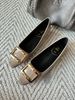 Gold Metal Square Buckle Patent Leather Square Toe Slip On Low Block Heel Pumps Casual Office Dating Commute Daily Wear Dress Shoes_vogvips.com