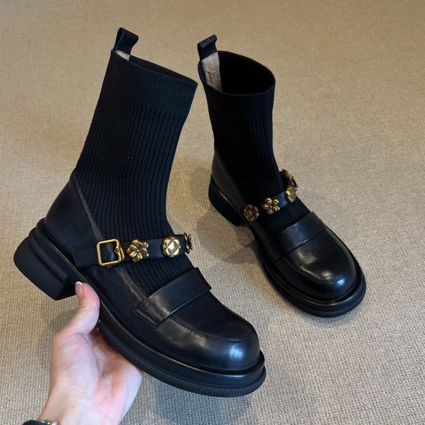 New Arrival Loafers Thick Bottom Metal Buckle Short Retro Fashion Versatile Knitted Socks Boots Women's Trendy Single Item_vogvips.com