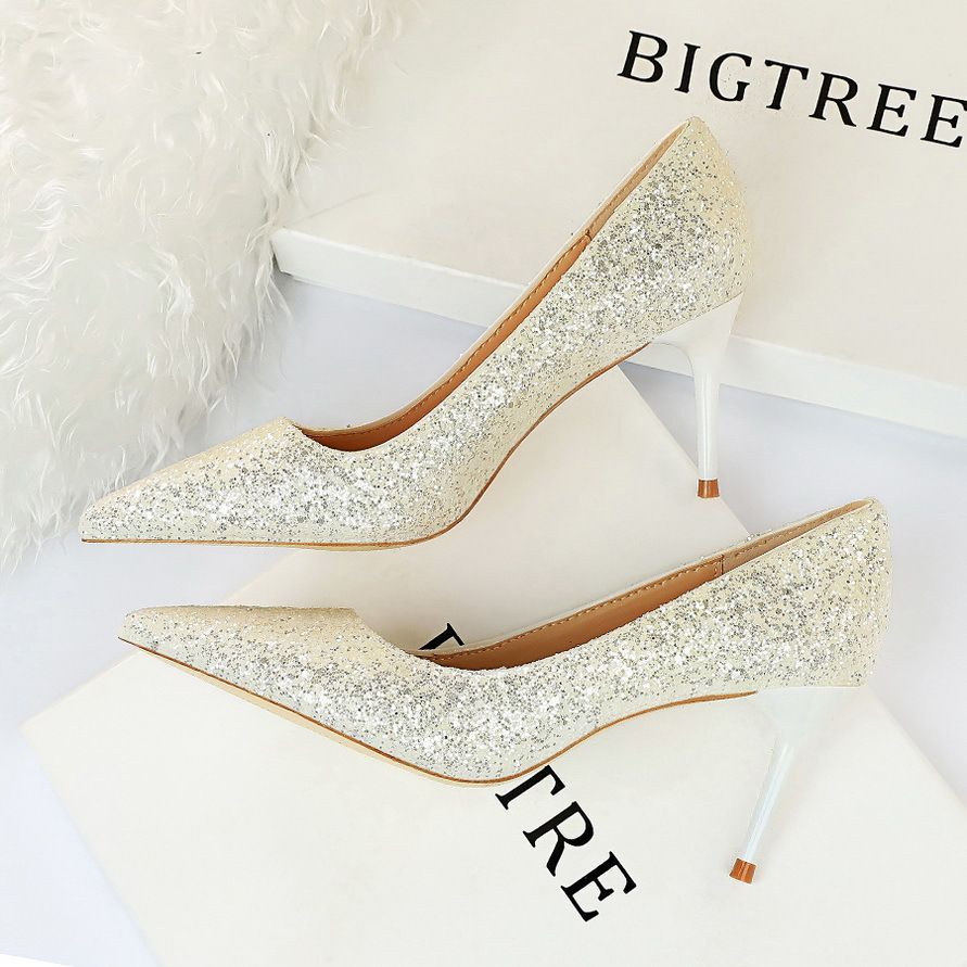 MTX 9219-A1 Fashionable Nightclub Slimming Women's Thin Heel High Heels Shiny Sequin Single Shoes_vogvips.com