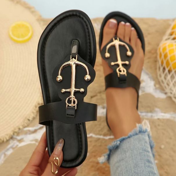 2026 Spring And Summer New Flat Slippers Women's Boat Aiming Metal Buckle Beach Sandals Open-toed Slippers_vogvips.com