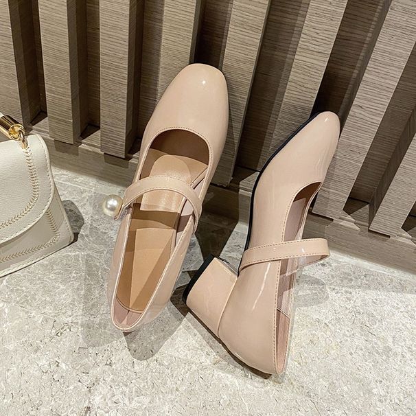 Spring And Autumn New Mary Jane Pearl Versatile French Style Chunky Heel Single Shoes Women's Mid-Heel Genuine Mid_vogvips.com