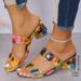 Rhinestone Chunky Floral One-Strap High Heel Sandals For Women Fashion Outdoor Color Block Mid-Heel European And_vogvips.com
