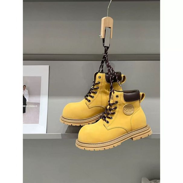 Martin Thick Sole 2025 New Autumn Short Chunky Heel Lace-up Yellow Boots Women's Shoes_vogvips.com
