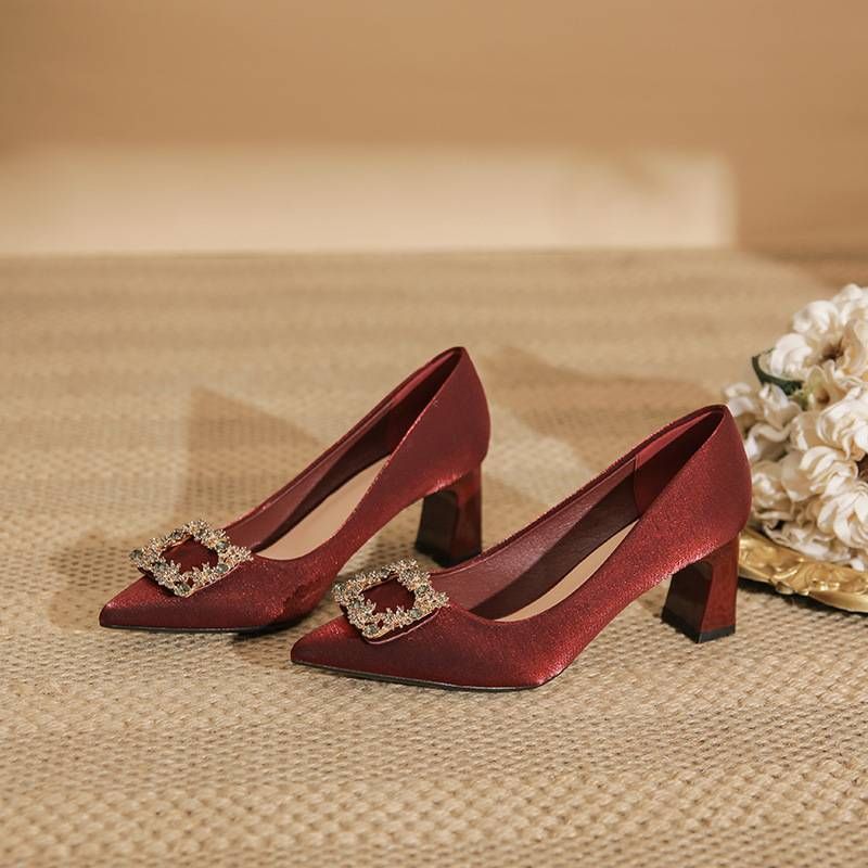 Women's Shoes Wedding Party Pointed High Heels Women's Thick Heels Red Chinese Fashion Shoes All Match Bridal Wedding Shoes Single Shoes_vogvips.com