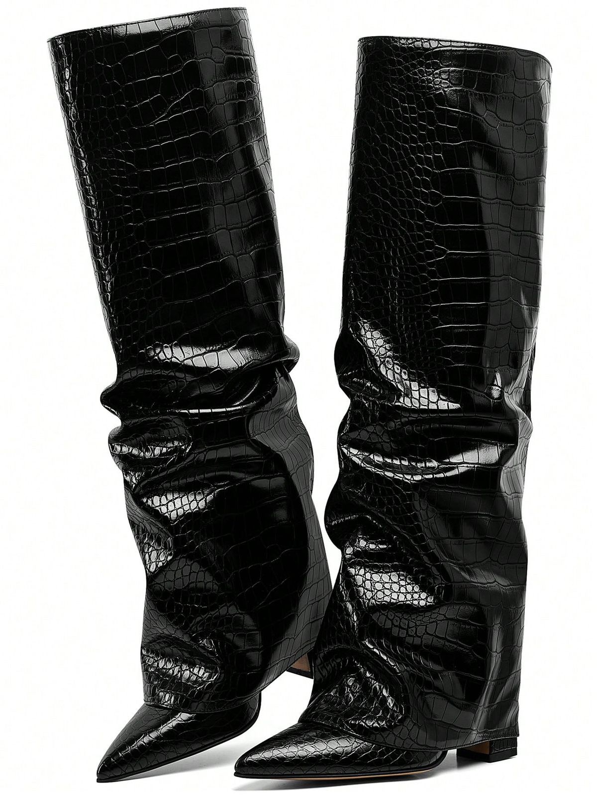 Shark Boots Women's Knee High Boots Fold Over Boots Slouchy Chunky High Heels Shoes Wide Calf Pointed Toe Shoes_vogvips.com