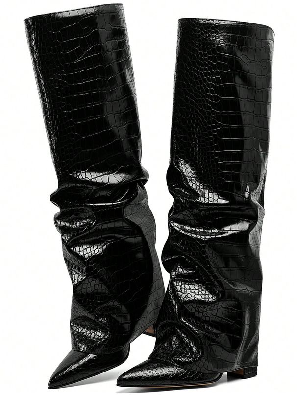 Shark Boots Women's Knee High Boots Fold Over Boots Slouchy Chunky High Heels Shoes Wide Calf Pointed Toe Shoes_vogvips.com