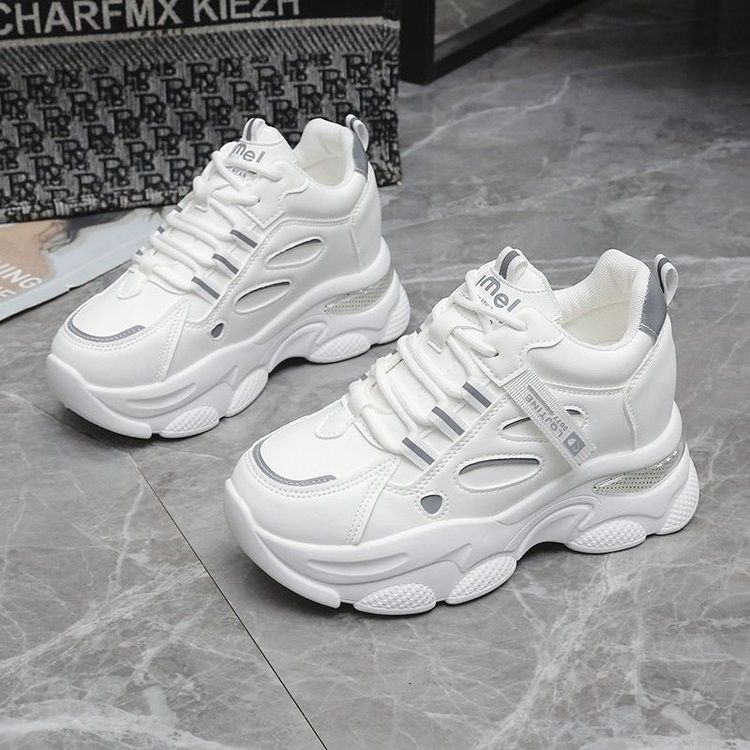Women's Casual Shoes Round Toe Thick Sole Sneakers 2025 New Height Increasing Dad Shoes White_vogvips.com