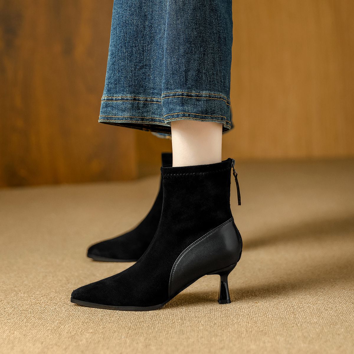 High Heel Short Boots For Women, Thin Heel 2025 New Style, Pointed Toe Slim Boots, French Suede Patchwork Coffee Color Mid-Calf Bo_vogvips.com