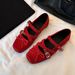 Sheepskin Version Retro Bow Knot Shallow Mouth Ballet Shoes Square Toe Small Single Shoes One Word Buckle Strap Thick Soled Shoes_vogvips.com