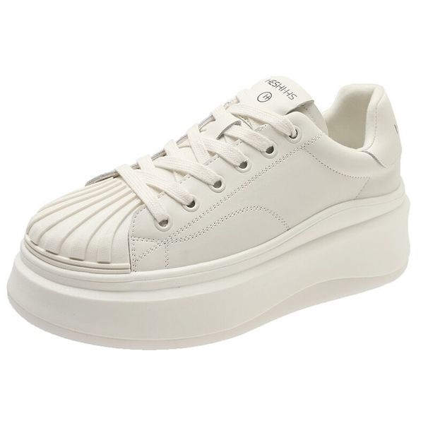Genuine Leather Platform Thick Sole Height-Increasing White Shoes For Women, Shell Toe, 2026 Spring New Fashion_vogvips.com