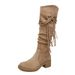 Cowhide Version~ Wasteland Tassel Knight Thick Heel Over-the-Knee Long Slimming Pile Mid-Calf Boots For Women_vogvips.com