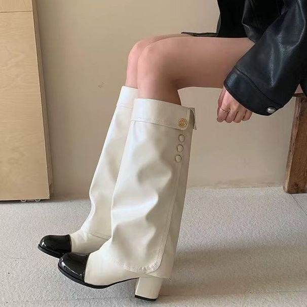 Genuine Leather Chunky Heel Boots Women's High-Top Long Boots_vogvips.com