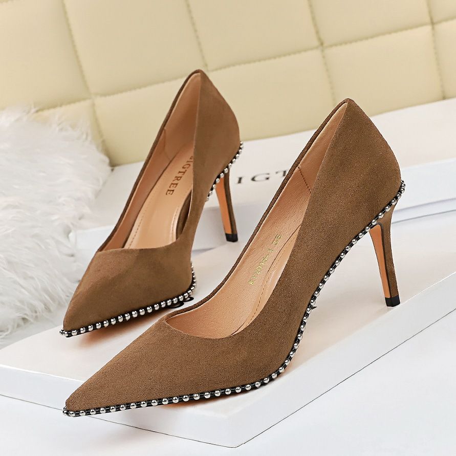 1829-5 Style Sexy Nightclub Slim Super High Heel Suede Shallow Mouth Metal Chain Pointed Women's Singles_vogvips.com