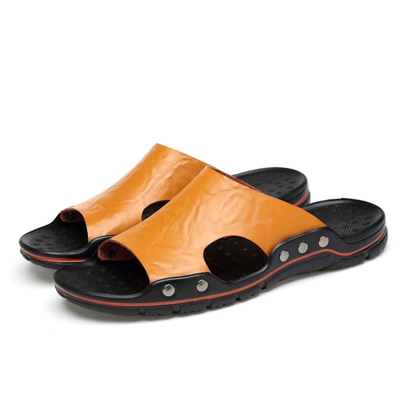 Shoes Sandals Mens Classic Summer Soft Black PU Leather Slippers Lightweight EVA Slides For Men_vogvips.com