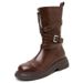 Women's Leather Motorcycle Boots With Front Zipper, Mid-Calf Chunky Heel Riding Boots, Fashionable Round Toe Biker Boots For Casual Outfits _vogvips.com