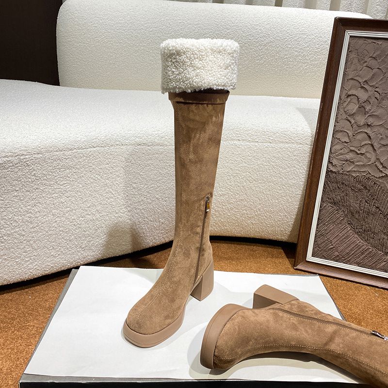 Women's Over-The-Knee Boots New High, Long, Heavy-Soled Lamb Fleece Boots With Chunky Heels_vogvips.com