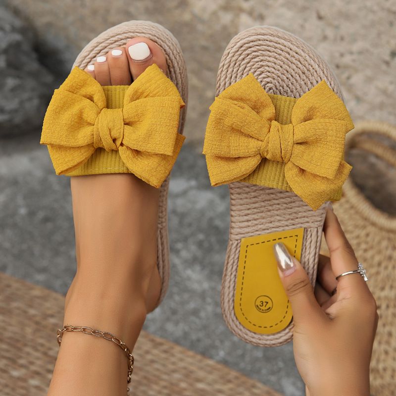 Women's Shoes Summer New Indoor Leisure And Comfortable Home Light Slippers Linen Bow Flip Flops Flat Non Slip Sandals_vogvips.com