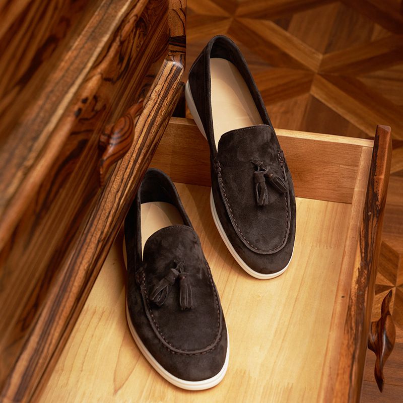 Men's Shoes Loafers With Tassels, Genuine Leather, Soft Sole, Slip On Design, Extra Soft Cowhide Suede._vogvips.com