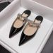 JC Peep Version High Toe Half Slippers For Women Summer Fashion Flat Rhinestone French Pointed Genuine Leather Inte_vogvips.com