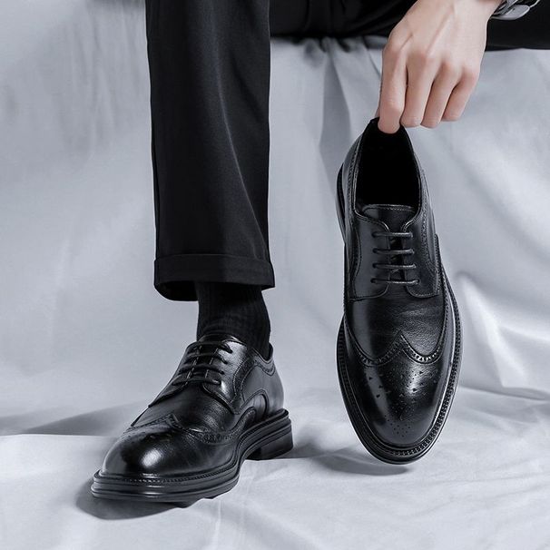 Men's Brogue Leather With Embossed Patterns, British Style, Trendy And High-end, Korean Version Suit Shoes,_vogvips.com