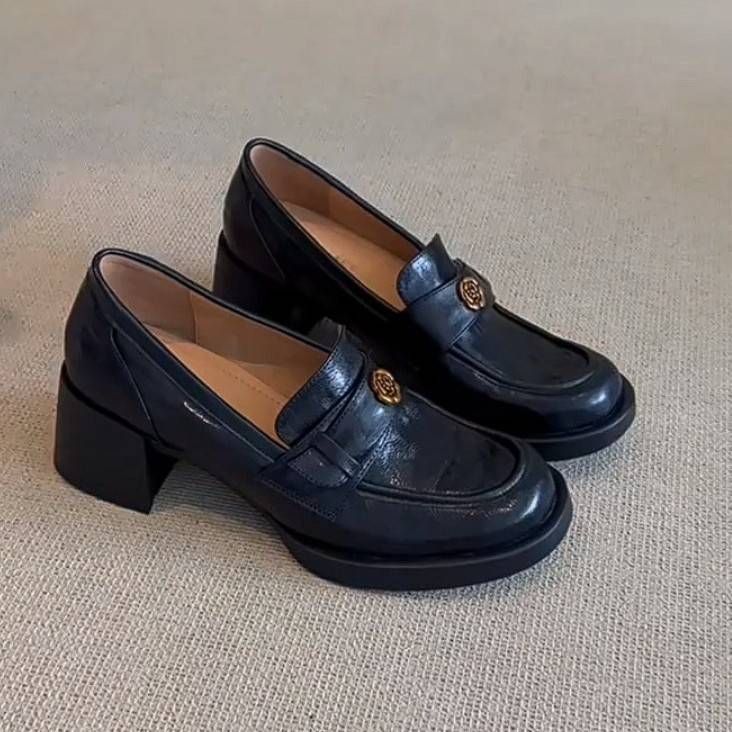 Black high heels loafers female spring new small leather shoes with thick temperament single shoes_vogvips.com