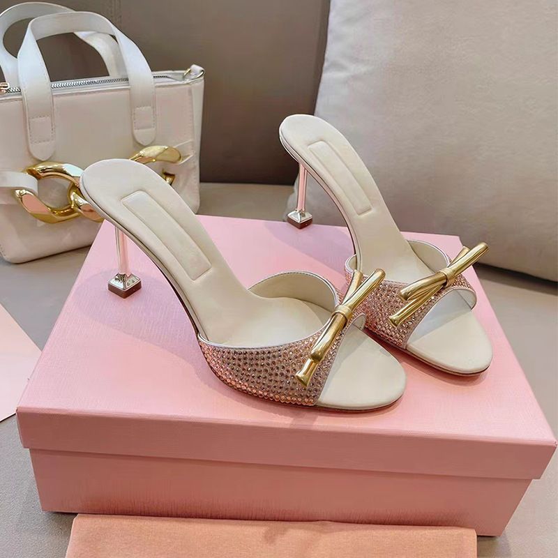 Rhinestones With Sandals Women's New European And American Catwalk High Heels Stiletto Round Head Bow Cool Slippers_vogvips.com