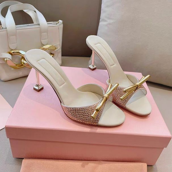 Rhinestones With Sandals Women's New European And American Catwalk High Heels Stiletto Round Head Bow Cool Slippers_vogvips.com