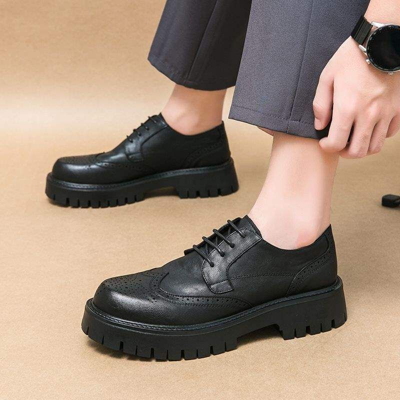 Euro Step 2025 Breathable Men's British Brogue Business Height Increasing Thick Sole College Style Casual Leather Shoes_vogvips.com