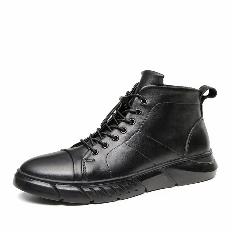 Men's Round Head Irst Layer Cowhide Casual Men's Board Shoes Ront Lace-up Breathable Low-heeled Board Shoes High-top Velvet Men's Shoes_vogvips.com