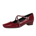 8292-2 Korean Version Fashion Date Cross Straight Belt Women's Shoes Square Toe Thick Heel Metal Shiny Surface Patent_vogvips.com