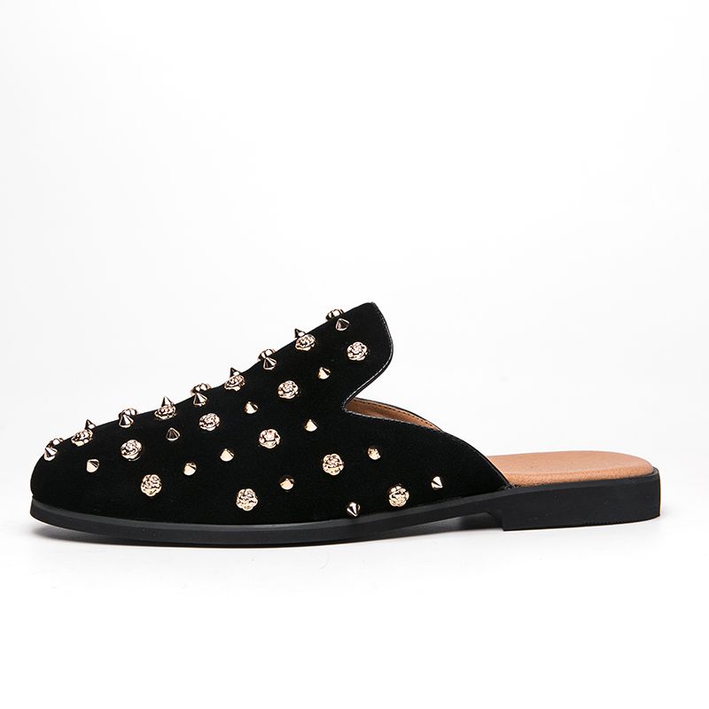 European Station Fashion Black Rivet Mules Shoes Four Seasons New Trend Rivet Black Slip-on Men's Shoes Nightclub Casual Banquet Dress Shoes_vogvips.com