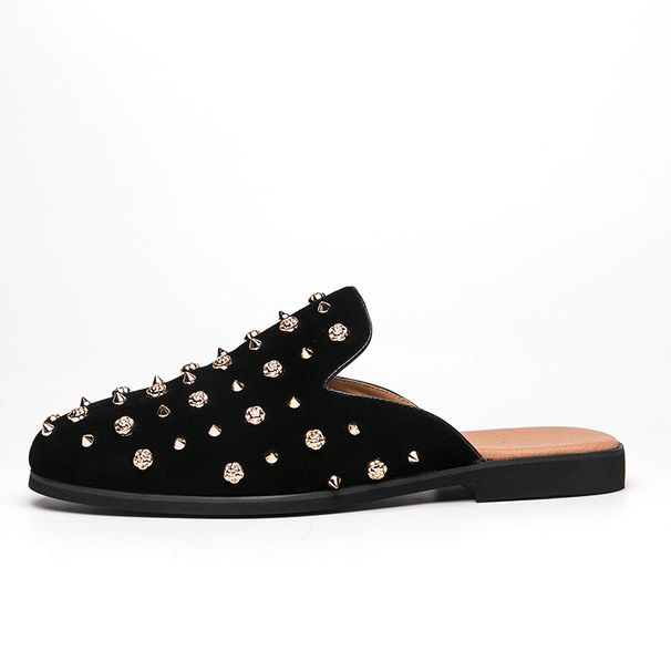European Station Fashion Black Rivet Mules Shoes Four Seasons New Trend Rivet Black Slip-on Men's Shoes Nightclub Casual Banquet Dress Shoes_vogvips.com