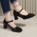 Large Size Genuine Soft High-heeled For Women, With A Strap, Chunky Heel, Square Toe, Black Patent Leather Single Shoes,_vogvips.com
